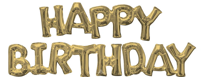 44" Wide Airfill Only Block Phrase " Happy Birthday" White Gold Foil Balloon