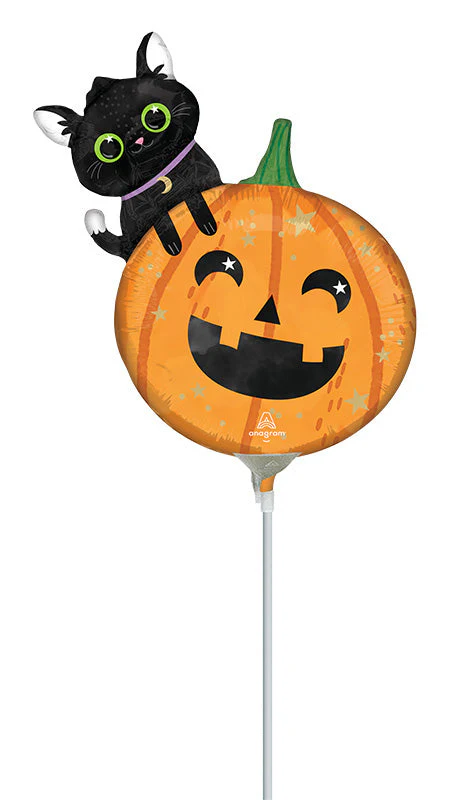 Airfill Only (Sticks Sold Separately) MiniShape Halloween Cat & Pumpkin Foil Balloon